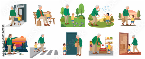 Grandmother and grandson daily activities flat vector illustration set, senior woman and little boy bonding through shopping, playing in park, and walking together