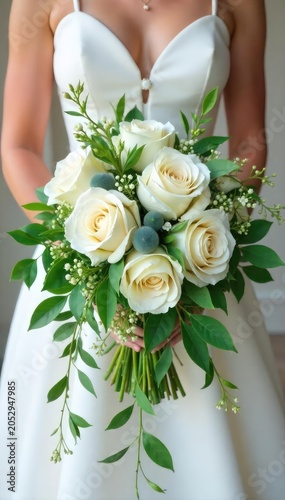 Elegant cascading wedding bouquet overflowing with ivory roses, lush greenery, and delicate wildflowers, perfect for a romantic garden wedding , cascading design, elegant bouquet, floral arrangement