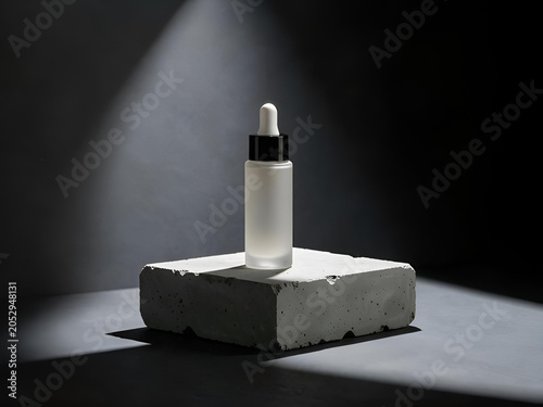 A podium with a bottle of cosmetic cream on a stone