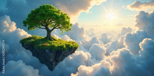 Enchanted forest floating amidst fluffy clouds, sunbeams filtering through leaves, whimsical and surreal landscape , flora, forest