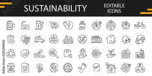 Obraz na płótnie Sustainability and Environmental Conservation Thin Line Icon Set, Renewable Ener