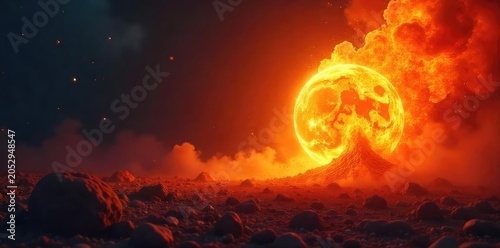 Fiery orange and red fireball erupts with intense flare, casting dramatic light and shadow  Perfect for fantasy, energy, power, or mystical themes ,  mystical,  red,  inferno