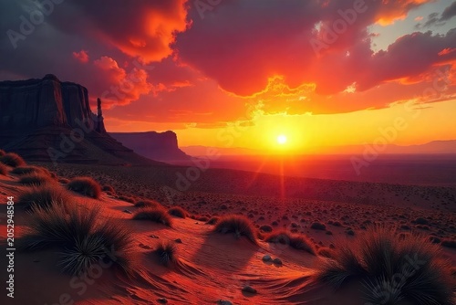 Fiery sunset over a desert landscape, evoking the energy and passion of the Aries zodiac sign Rugged terrain, vibrant colors, and dramatic light create a powerful image , independence, texture