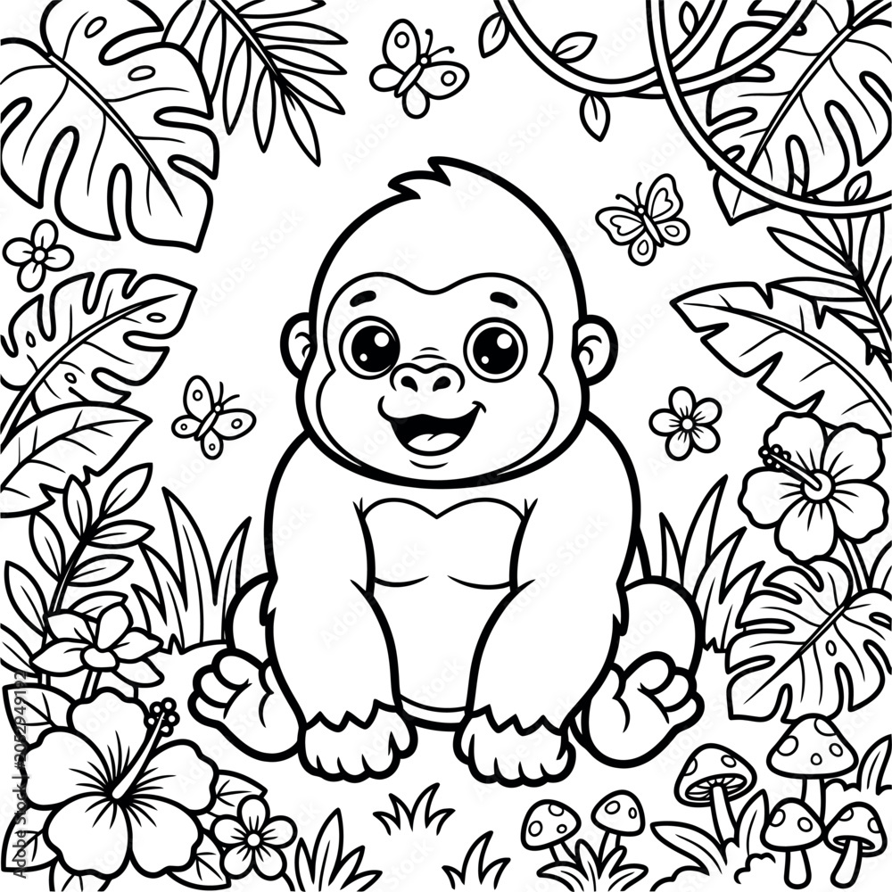 Obraz premium Cute baby gorilla sitting in the tropical rainforest jungle isolated on transparent background, Vector