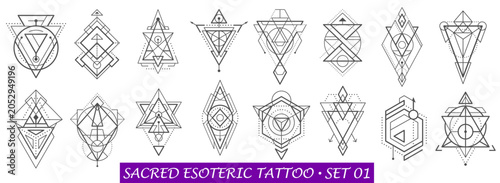 Fotografie Sacred geometry tattoo and esoteric symbols for magic, occult and alchemy design, vector icons