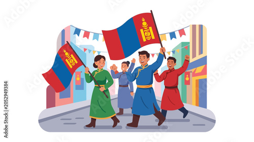 Bilde på lerret Mongolian People Celebrate National Day with Flags and Traditional Clothing