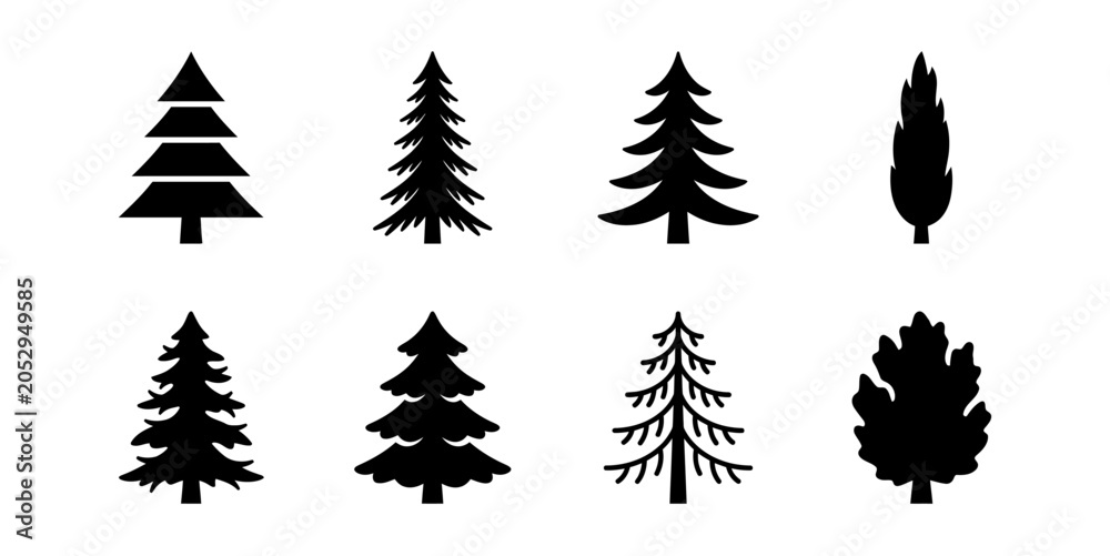 Obraz premium Eight different pine tree silhouettes arranged on a white background
