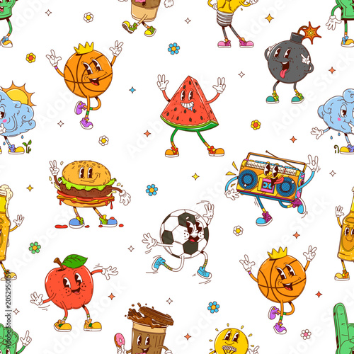 Принти на полотні Funky groovy characters seamless pattern background with hippie Y2K personages, cartoon vector