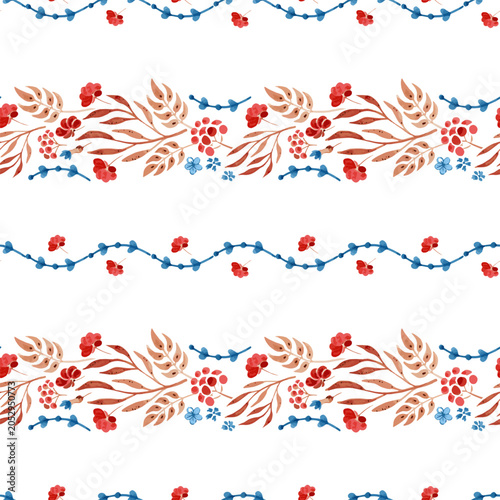 Floral pattern. Flower background. Striped seamless vector ornament with bright blue red color natural plant element. Repeat botanical textile design