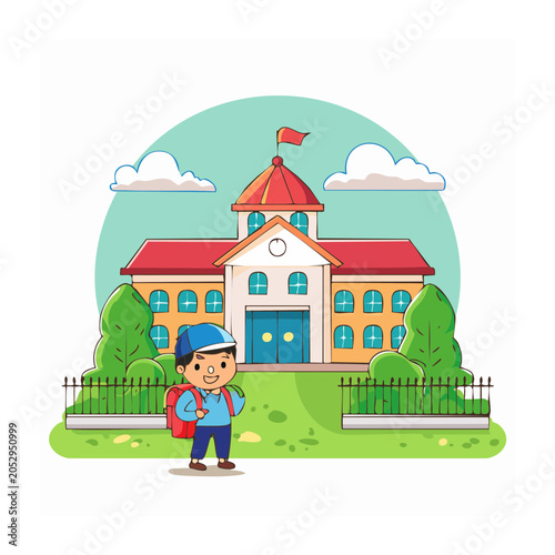 Cartoon boy with backpack in front of a school building