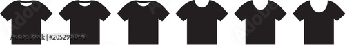 Minimalist vector graphic illustration showing six black tshirts with various neckline styles arranged in a neat horizontal row design pattern