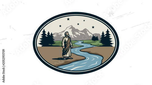Tableau sur toile Man standing by serene river stream.