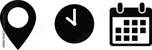 Black map pin location clock and calendar icons set