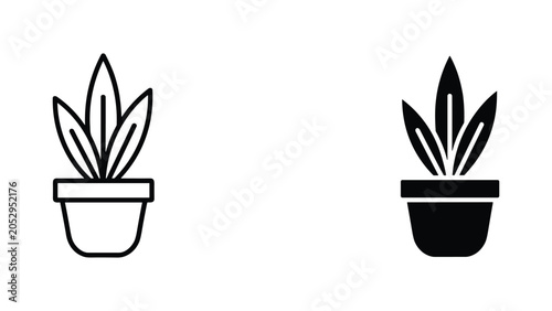 Small potted plant with long leaves icon set in linear and solid black