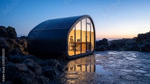 Obraz Low Angle Dusk Exterior of Sleek Minimalist Modular Living Pod with Warm Interior Glow