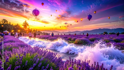 Lavender Field with Hot Air Balloons at Sunset.