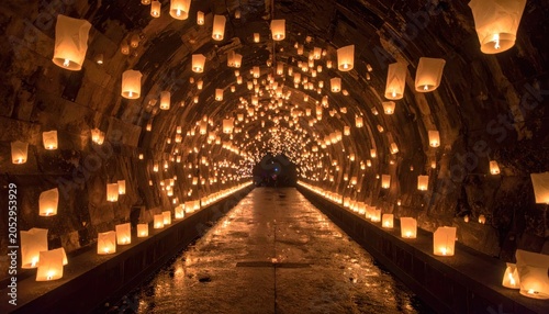 Illuminated Lanterns in Dark Alleyway Perspective.