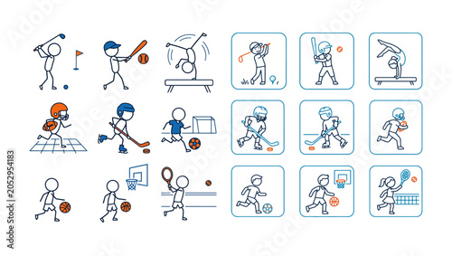 Kids Sports Activities Line Art Vector Set on PNG Background, kids sports, children sports, young athletes, sports activities, golf, baseball, gymnastics, football, ice hockey, golf player, baseball, 