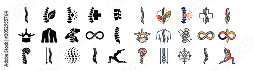 Spine healthcare medical icon set with leaf cross pain massage vertebra infinity brain and yoga