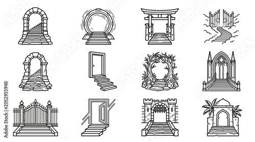 Portal and gate entryway icon set with stairs stone arch scifi torii heaven ruin door tree gothic iron castle and arabic archway