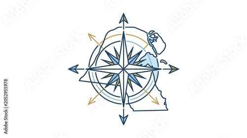 Fotografie Compass Rose Over Map of Kuwait Showing Directional Arrows.