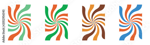 Colorful swirl retro groovy pattern vector background, psychedelic wavy spiral sunburst abstract funky radial design set