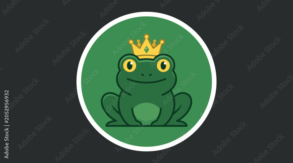 Fototapeta premium Frog king wearing gold crown inside white circle.