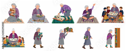 Fotografía Set of flat illustrations of a grandmother reading books and telling stories to