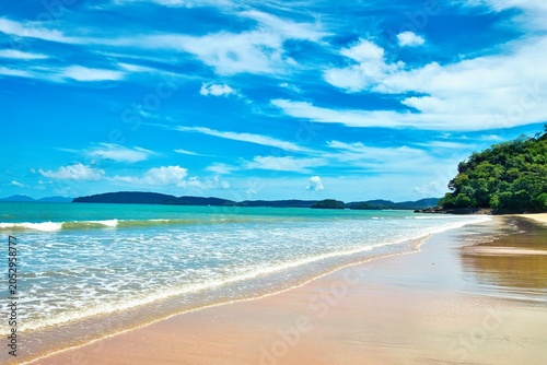 Thailand - Krabi - Ao Nang Beach July 27th 2025. This was on a beautiful morning during the wet season. The Andaman sea during the low season surrounded by beautiful mountains.
