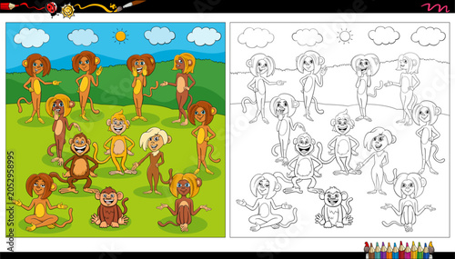 funny cartoon monkeys wild animal characters set coloring page