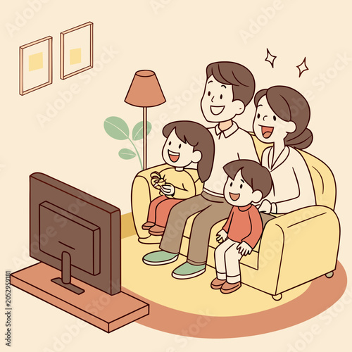 Принти на полотні Family watching television together on a couch with living room, entertainment c