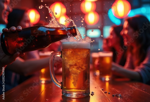 Dynamic Sake Bomb Drop Into Beer Mug under Neon Lights in Lively Student Bar with Busy Atmosphere