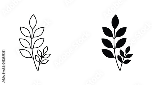 Detailed branch with side leaves in outline and solid black vector format