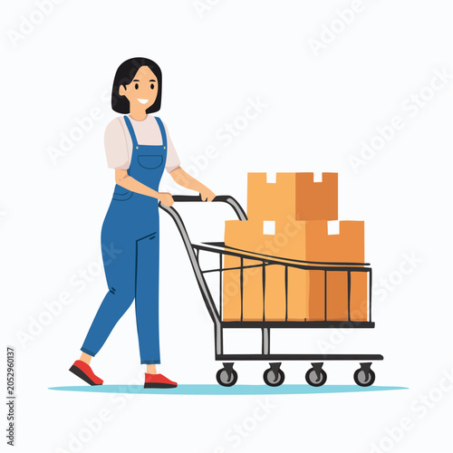 Woman Pushing Shopping Cart with Boxes