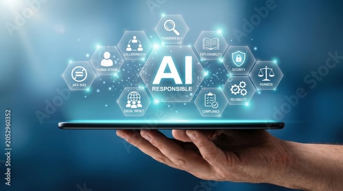 A digital display shows the concept of Responsible AI with various interconnected icons. The technology is presented on a tablet held by a person's hand, against a futuristic blue background
