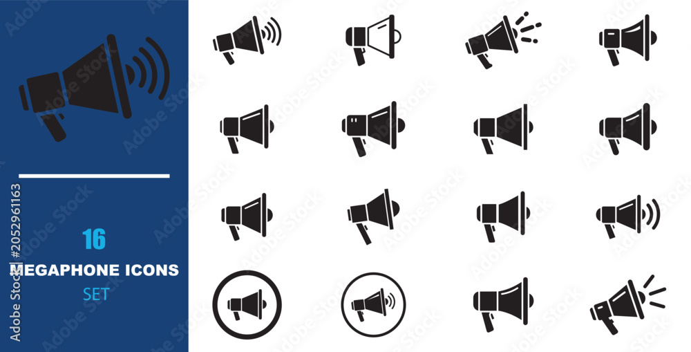 Fototapeta premium Megaphone icons set of 16 vector elements, black bullhorn symbols for marketing and advertising, loudspeaker communication sign collection