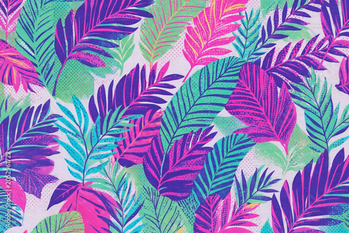 Vibrant Botanical Leaf Risograph Background, Seamless Pattern, Full Canvas Coverage.