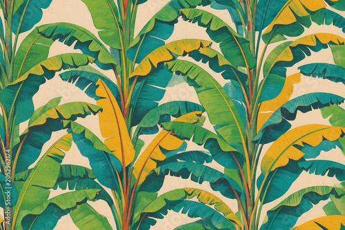 Lush Tropical Foliage Risograph Background, Jungle Exotic, Full Canvas.