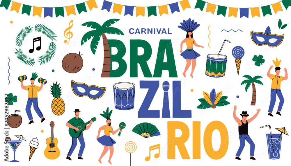 Fototapeta premium Brazilian Carnival celebration with diverse people dancing and playing music under festive decorations