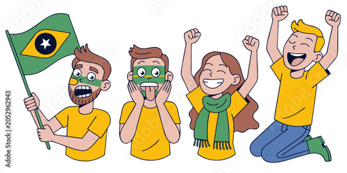 Bilde på lerret Brazilian fans celebrating with face paint and flag during a sporting event