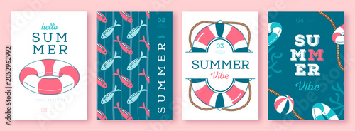 Schilderij op canvas Set of summer striped sea vacation posters or covers with inflatable swim rings