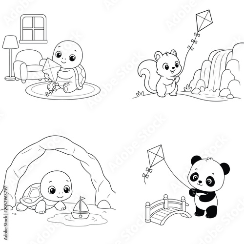 Four cute animal scenes for coloring book including turtle squirrel panda kids activities with squirrel coloring children waterfall