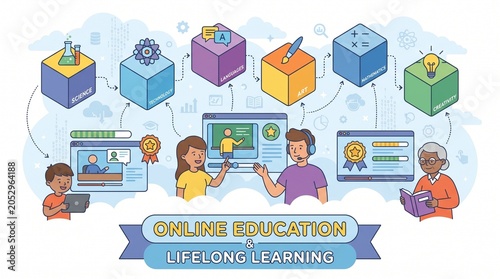 Online Education Team Collaboration Learning Session with Colorful Gift Boxes Illustration
