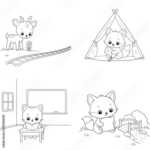 Children coloring page set featuring cute deer fox and cat characters in fun scenes coloring children character illustration activity