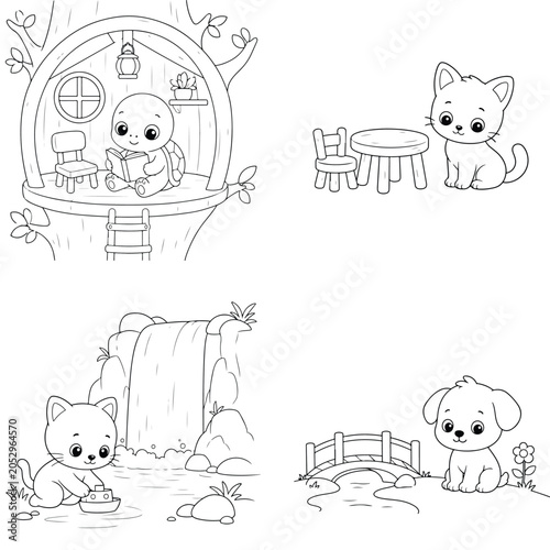 Cute cartoon animal coloring page set with turtle cat and puppy scenes coloring treehouse illustration adventure waterfall activity