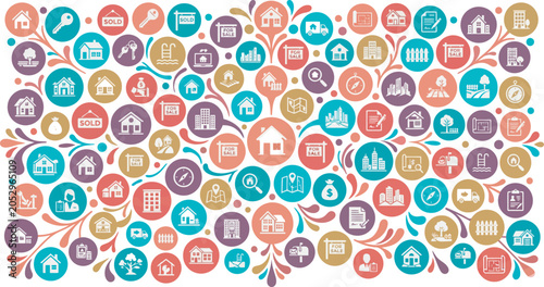 Tableau sur toile Real estate and property management colorful circle icon pattern background feat