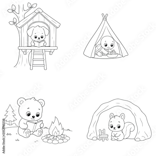 Camping and adventure coloring page set with cute woodland animals squirrel treehouse coloring illustration activity character creature