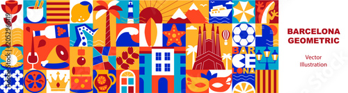 Canvas Print Barcelona Typography Seamless Pattern and Banner with Catalonia Culture Icons, F