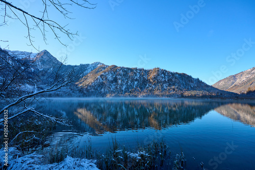 Panoramic view of the Offensee mountain river with an Alpine landscape, Upper Austria.