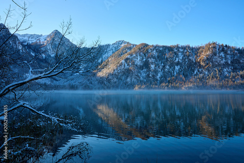 Panoramic view of the Offensee mountain river with an Alpine landscape, Upper Austria.
